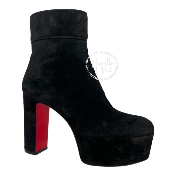 Christian Louboutin black suede platform ankle boot block heel square toe retro - Picture 8 of 16